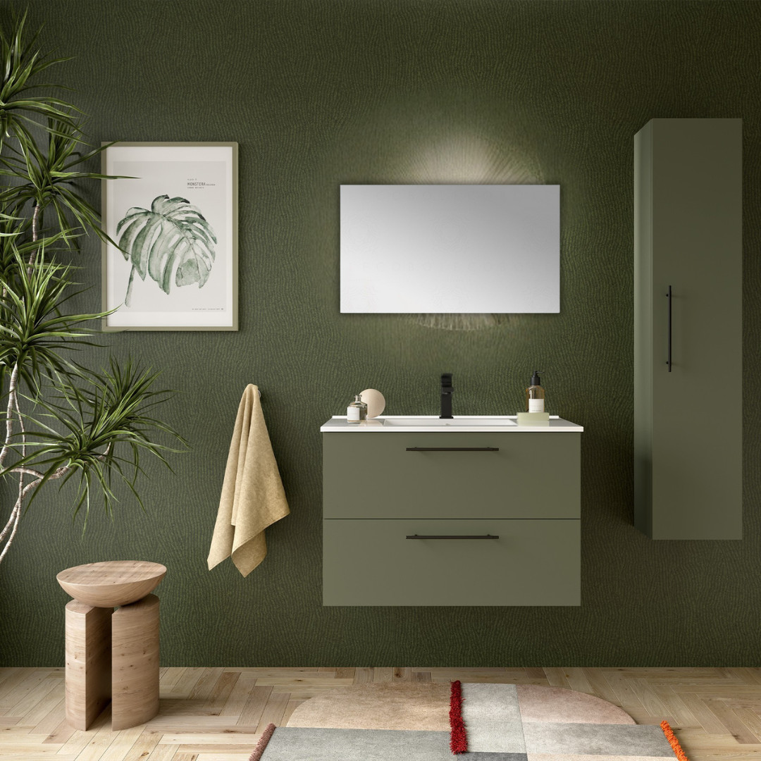 Mobile da Bagno Sospeso 80 cm con Maniglia Anodizzata Nero Opaco Lavabo e Specchio Inclusi Verde Satinato | Salgar Silane