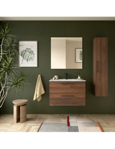 Mobile da Bagno Sospeso 80 cm con Maniglia Anodizzata Nero Opaco Lavabo e Specchio Inclusi Noce Maya | Salgar Silane