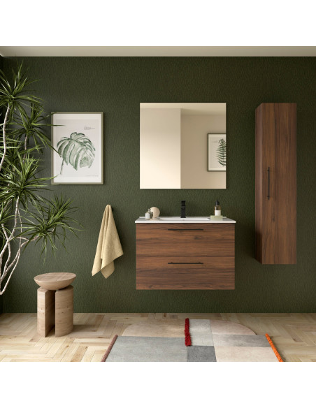 Mobile da Bagno Sospeso 80 cm con Maniglia Anodizzata Nero Opaco Lavabo e Specchio Inclusi Noce Maya | Salgar Silane