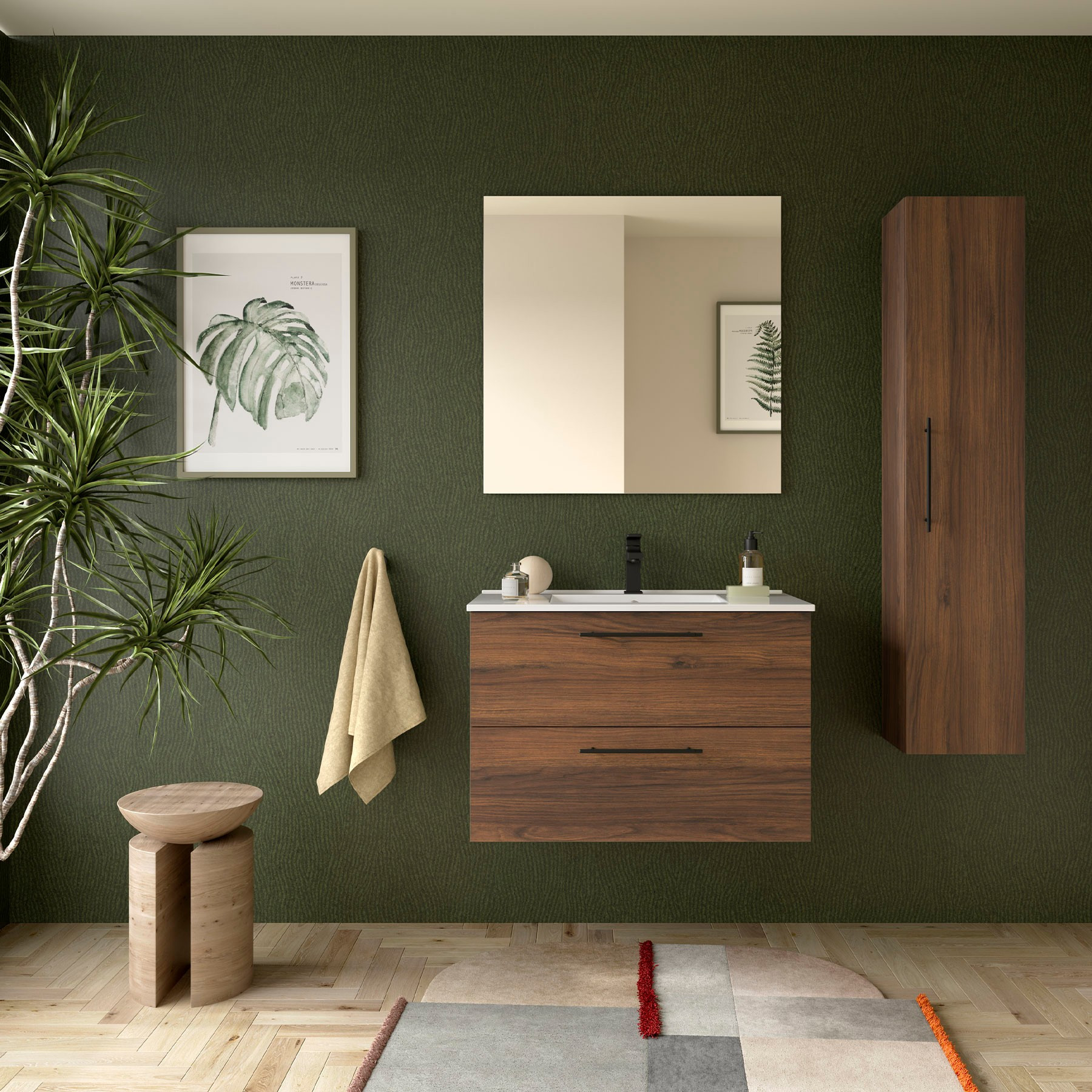 Mobile da Bagno Sospeso 80 cm con Maniglia Anodizzata Nero Opaco Lavabo e Specchio Inclusi Noce Maya | Salgar Silane