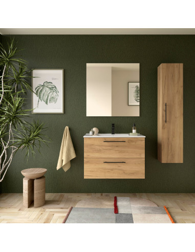 Mobile da Bagno Sospeso 80 cm con Maniglia Anodizzata Nero Opaco Lavabo e Specchio Inclusi Rovere Africa | Salgar Silane