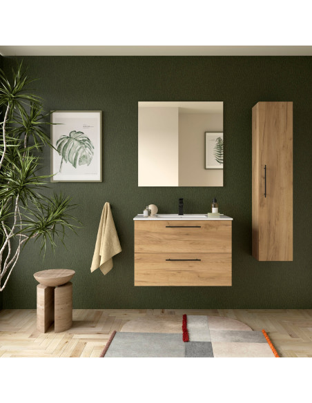 Mobile da Bagno Sospeso 80 cm con Maniglia Anodizzata Nero Opaco Lavabo e Specchio Inclusi Rovere Africa | Salgar Silane