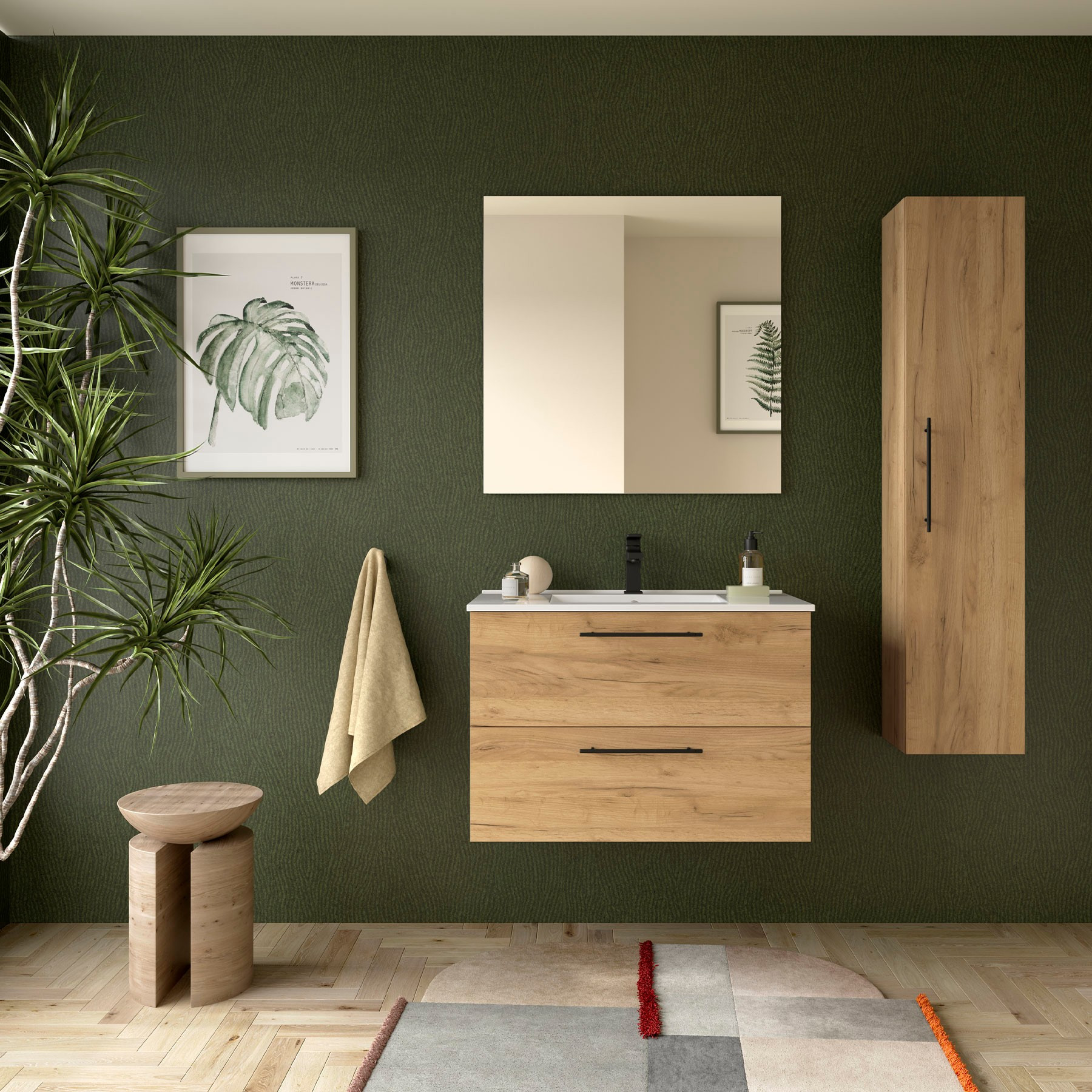 Mobile da Bagno Sospeso 80 cm con Maniglia Anodizzata Nero Opaco Lavabo e Specchio Inclusi Rovere Africa | Salgar Silane