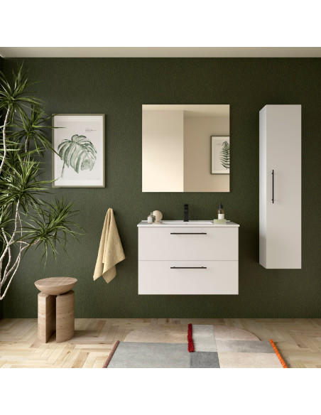 Mobile da Bagno Sospeso 80 cm con Maniglia Anodizzata Nero Opaco Lavabo e Specchio Inclusi Bianco Opaco | Salgar Silane