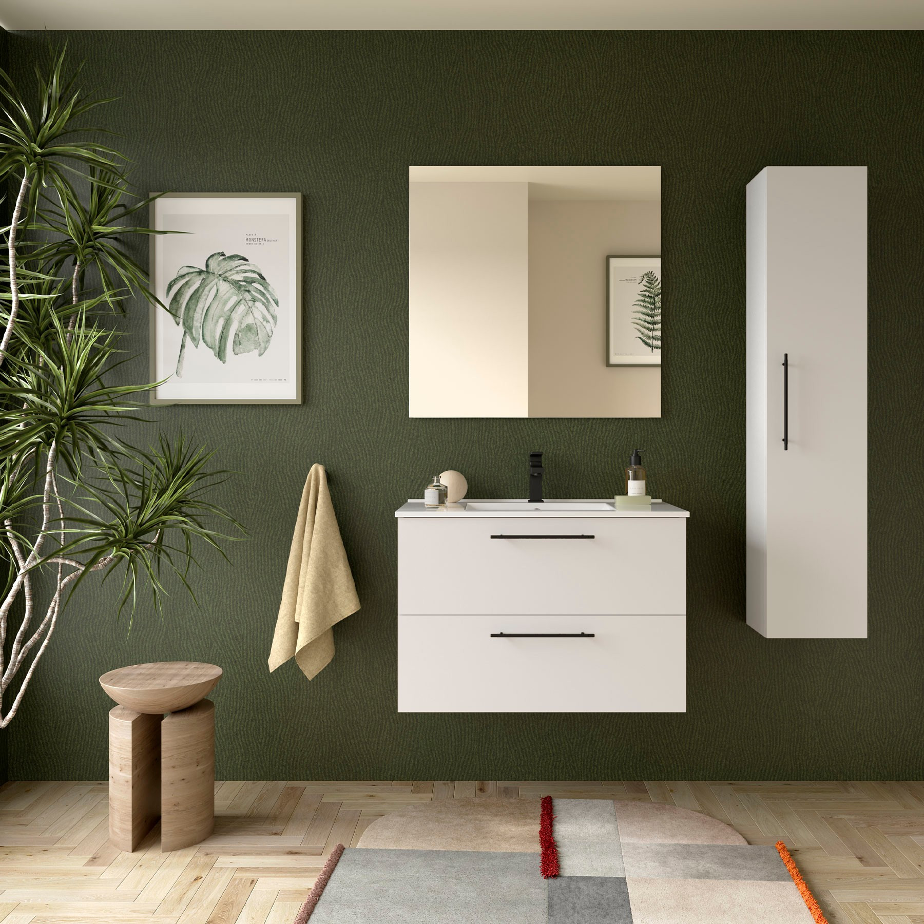 Mobile da Bagno Sospeso 80 cm con Maniglia Anodizzata Nero Opaco Lavabo e Specchio Inclusi Bianco Opaco | Salgar Silane
