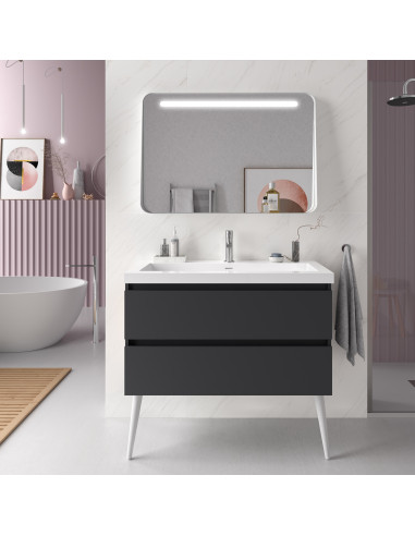 Mobile da Bagno Sospeso 80 cm con Piede Bianco Lavabo e Specchio Inclusi Antracite | Salgar Spirit