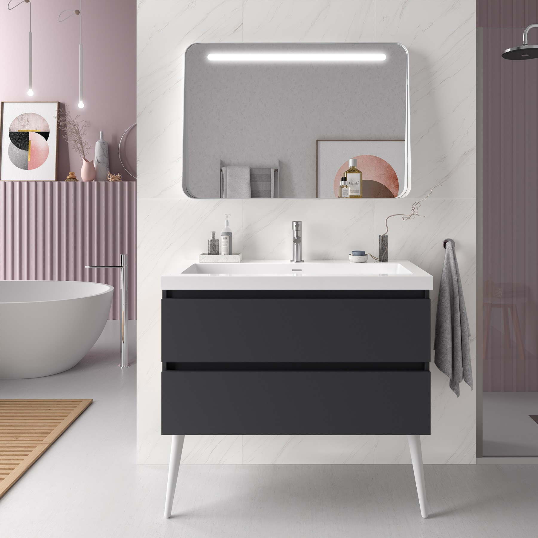 Mobile da Bagno Sospeso 80 cm con Piede Bianco Lavabo e Specchio Inclusi Antracite | Salgar Spirit