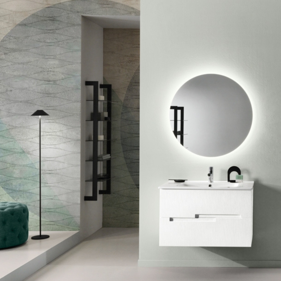 Mobile da Bagno Sospeso 100 cm Cannettato Lavabo e Specchio Applique Inclusi Larice Bianco | Bluelife Righe