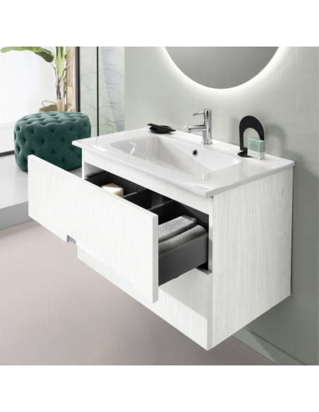 Mobile da Bagno Sospeso 100 cm Cannettato Lavabo e Specchio Applique Inclusi Larice Bianco | Bluelife Righe