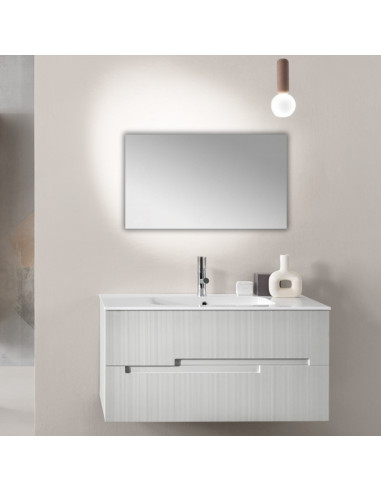 Mobile da Bagno Sospeso 100 cm Cannettato Lavabo e Specchio Applique Inclusi Grigio Perla | Bluelife Righe
