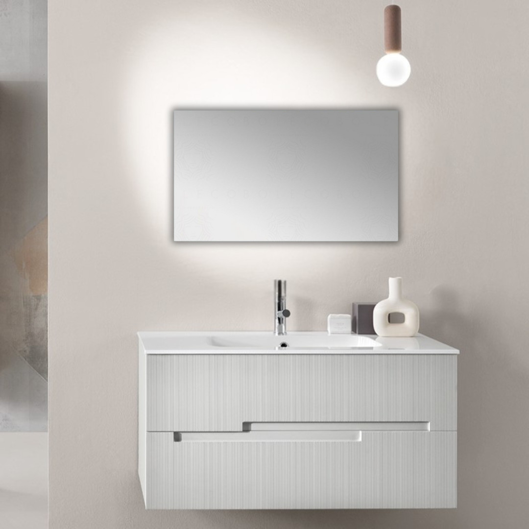 Mobile da Bagno Sospeso 80 cm Cannettato Lavabo e Specchio Applique Inclusi Grigio Perla | Bluelife Righe
