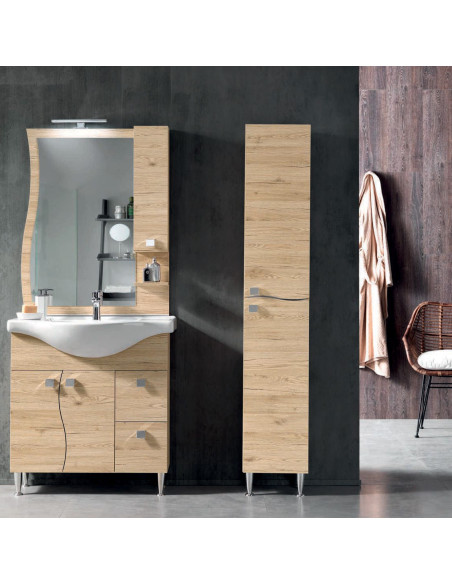Mobile da Bagno a Terra 85 cm Quercia Naturale Specchiera Applique e Lavabo Incluso | Bluelife Onda