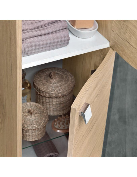 Mobile da Bagno a Terra 85 cm Quercia Naturale Specchiera Applique e Lavabo Incluso | Bluelife Onda