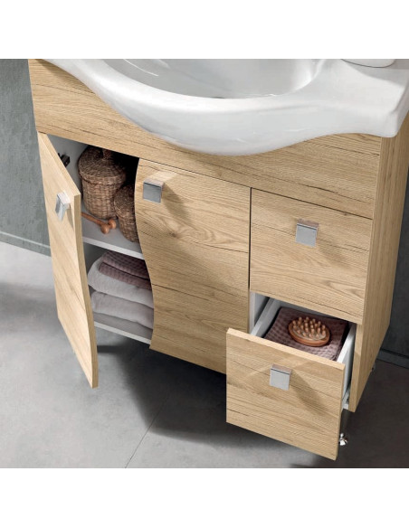 Mobile da Bagno a Terra 85 cm Quercia Naturale Specchiera Applique e Lavabo Incluso | Bluelife Onda