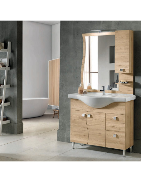Mobile da Bagno a Terra 85 cm Quercia Naturale Specchiera Applique e Lavabo Incluso | Bluelife Onda