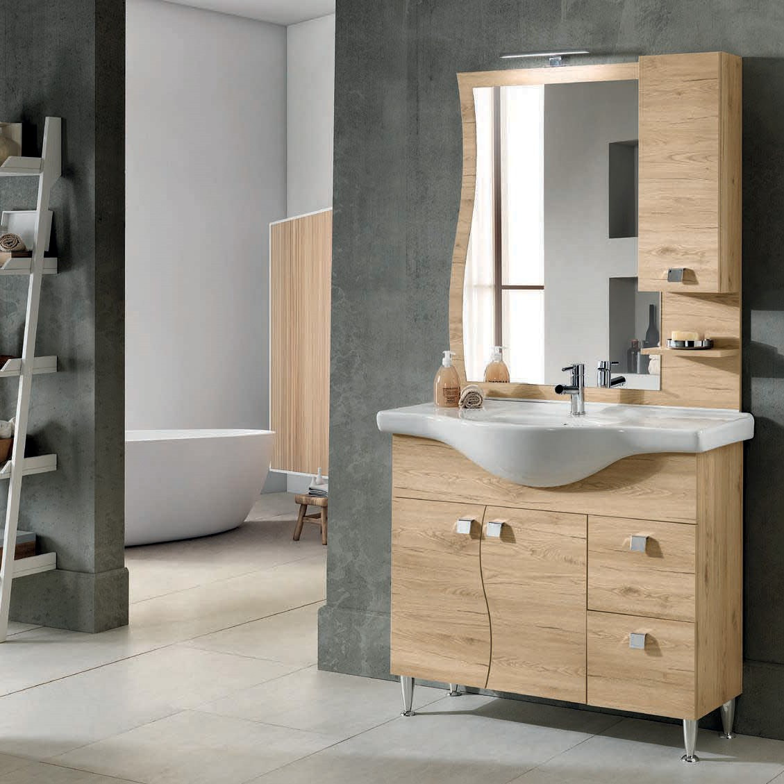 Mobile da Bagno a Terra 85 cm Quercia Naturale Specchiera Applique e Lavabo Incluso | Bluelife Onda