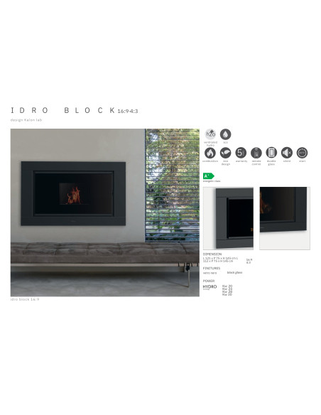 Focolare Camino ad Incasso a Pellet 30 kW Nero | Kalon IdroBlock 16:9