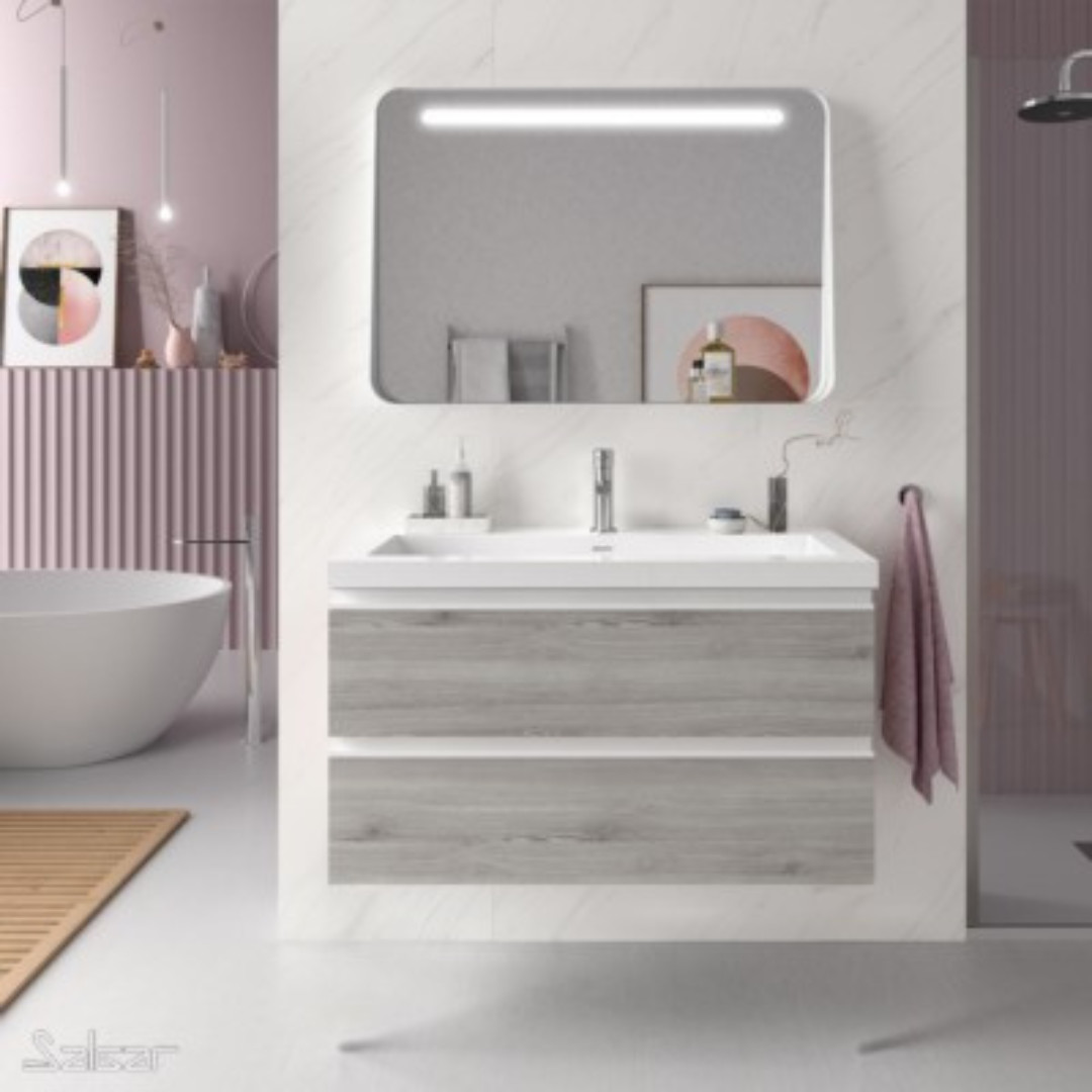 Mobile da Bagno Sospeso 80 cm Lavabo e Specchio Inclusi Rovere Grigio | Salgar Spirit