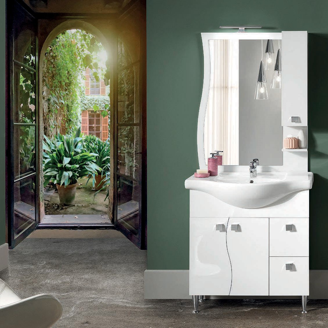 Mobile da Bagno a Terra 85 cm Bianco Lucido Specchiera Applique e Lavabo Inclusi | Bluelife Onda