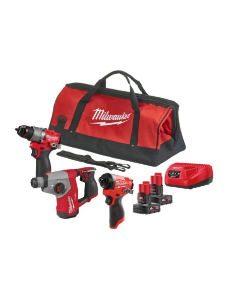 Kit 12V Trapano con Percussione + Avvitatore a Impulsi 1/4" Hex + Tassellatore SDS-Plus  | Milwaukee M12FPP3H-402B