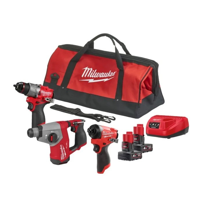 Kit 12V Trapano con Percussione + Avvitatore a Impulsi 1/4" Hex + Tassellatore SDS-Plus  | Milwaukee M12FPP3H-402B